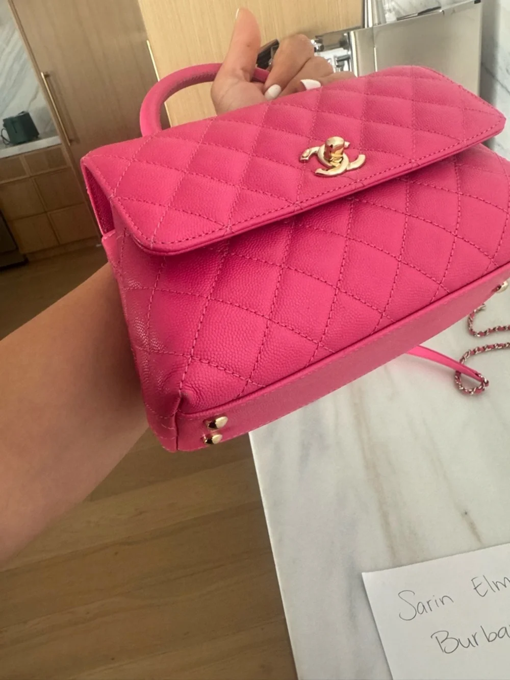 CHANEL Hot Pink Quilted caviar  Top-Handle Mini Bag with Chain Strap - Picture 12 of 16